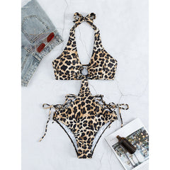 Leopard print halter one-piece swimsuit