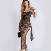 Leopard Print Lace-Trim Sheer Mesh Maxi Dress