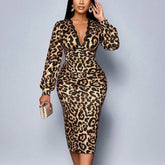 Leopard print long-sleeved slit V-neck maxi dress