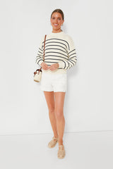 Ivory and Dark Navy Stripe Button Back Crewneck Sweater