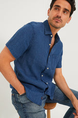 Indigo Basketweave Short Sleeve Palma Linen Shirt