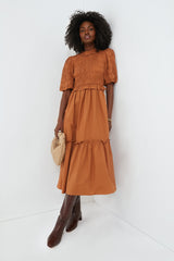 Exclusive Caramel Bubble Sleeve Smocked Midi Dress