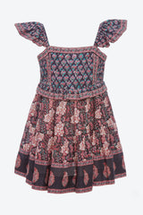 Multi Donna Print Flutter Sleeve Smocked Dress