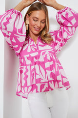 Exclusive Pink Twiggy Mandarin Balloon Sleeve Blouse