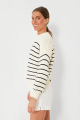 Ivory and Dark Navy Stripe Button Back Crewneck Sweater