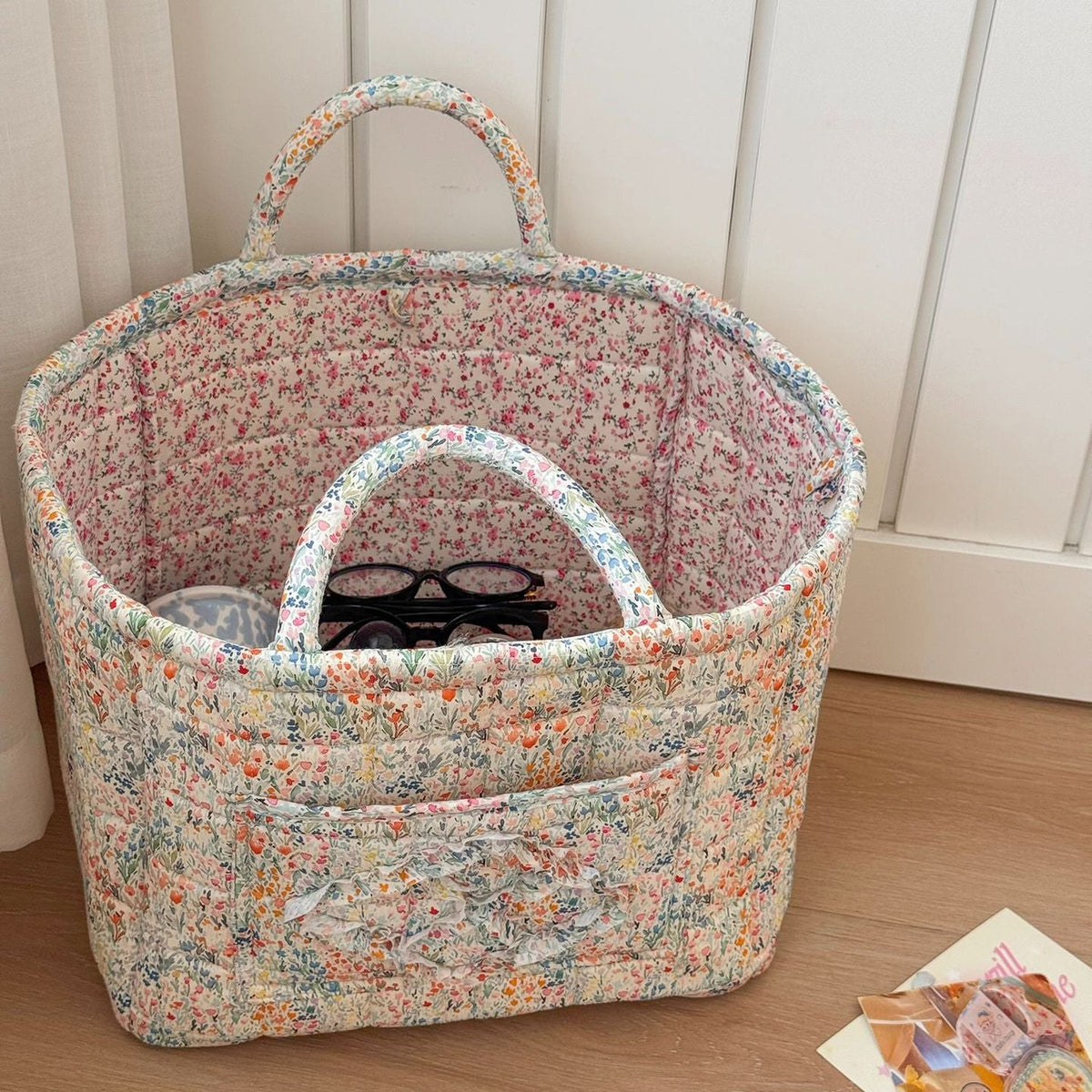 Boho-Chic Quilted Floral Storage Basket