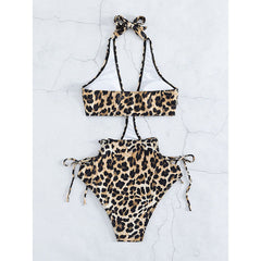 Leopard print halter one-piece swimsuit