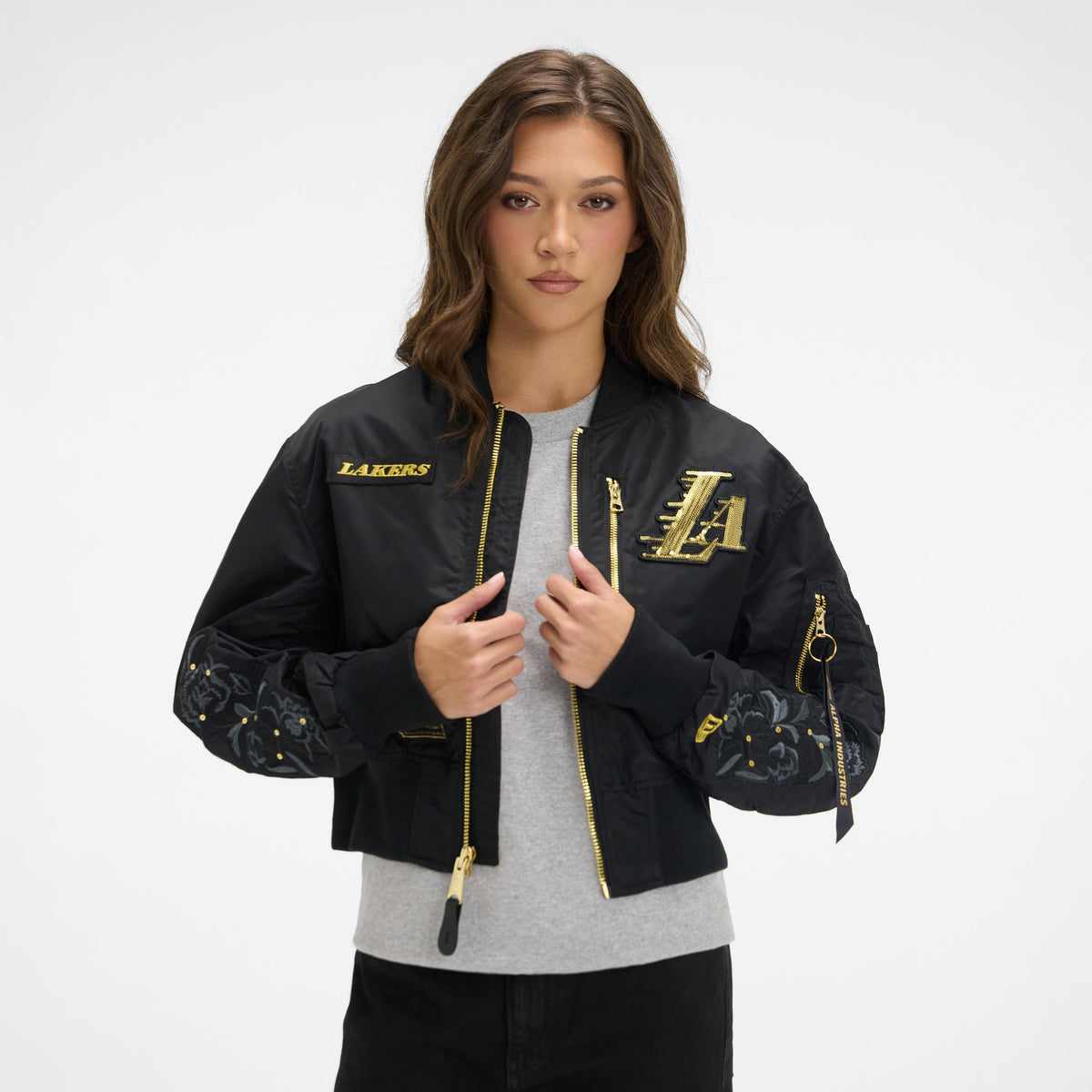 Alpha Industries x Los Angeles Lakers Black and Gold Women's Cropped L-2B Bomber Jacket
