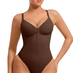 High-elastic zipper V-neck camisole bodysuit