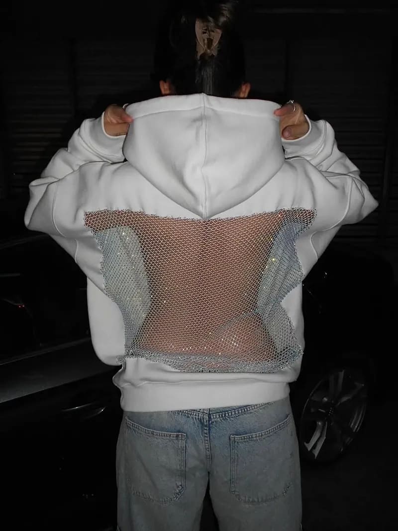 Backless Openwork Mesh Hoodie