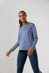 Navy Trellis Gingham Long Sleeve Ryan Boyfriend Tee