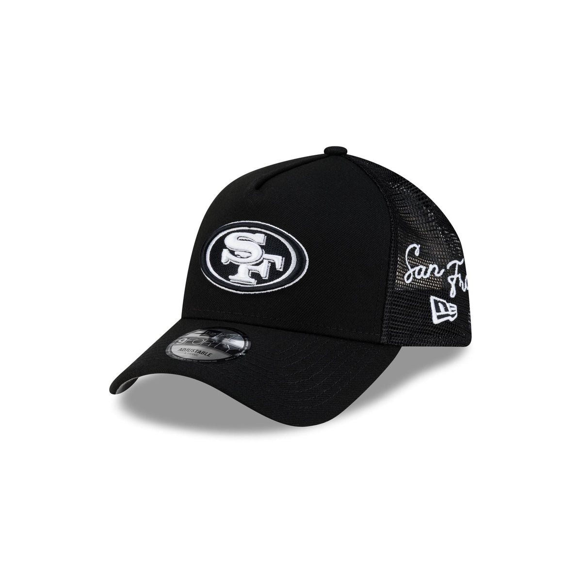 San Francisco 49ers Side Script Black 9FORTY A-Frame Trucker Hat