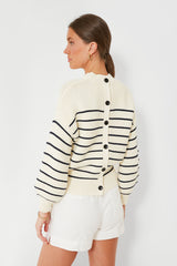 Ivory and Dark Navy Stripe Button Back Crewneck Sweater