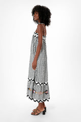 Black Ripple Tie Strap Smocked Straight Midi Dress