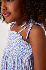 Blue Calico Floral Tie Strap Smocked Sundress
