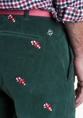 Hunter Green Candy Cane Embroidered Corduroy Pants (32 Inseam)
