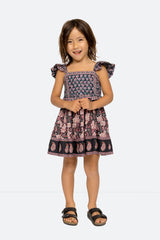 Multi Donna Print Flutter Sleeve Smocked Dress